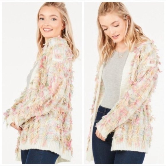 GIGI Shaggy Fringe Sweater Cardigan - Cream - Picture 1 of 3